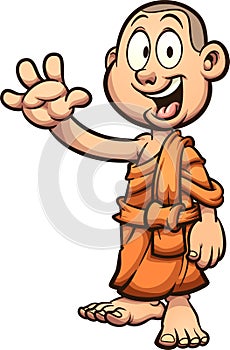 Happy child cartoon Buddhist monk waving photo