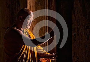 Buddhist monk hold lotus flower and standing