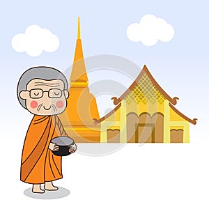 Buddhist monk holding alms bowl to receive food offering