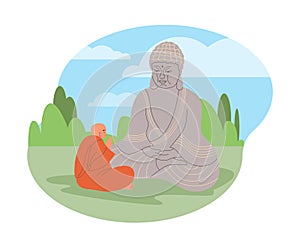 Buddhist monk in lotus position praying to Buddha statue on nature landscape, Buddhism religion, vector Tibetan monk