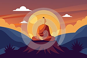 Buddhist monk meditating on mountain at sunrise. Spiritual contemplation with breathtaking landscape. Concept of
