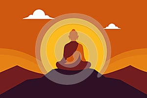 Buddhist monk meditating on mountain at sunrise. Spiritual contemplation with breathtaking landscape. Concept of