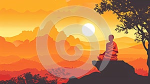 Buddhist monk meditating on mountain at sunrise. Spiritual contemplation. Concept of Buddhism, prayer, zen, spiritual