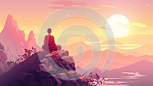 Buddhist monk meditating on mountain at sunrise. Spiritual contemplation. Concept of Buddhism, prayer, zen, spiritual