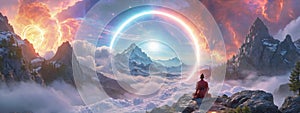 Buddhist monk in meditation on mountaintop facing the future cycle Universe, . AI generate