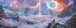 Buddhist monk in meditation on mountaintop facing the future cycle Universe, . AI generate