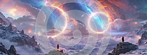 Buddhist monk in meditation on mountaintop facing the future cycle Universe, . AI generate