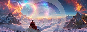 Buddhist monk in meditation on mountaintop facing the future cycle Universe, . AI generate