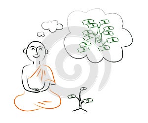Buddhist monk and money tree. Dream of wealth. Investments. Sketch. Vector
