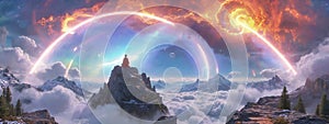 Buddhist monk sit on mountaintop facing the future cycle Universe, . AI generate