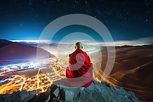 Buddhist monk sits on mountain top and looks at city and sky at night, generative AI