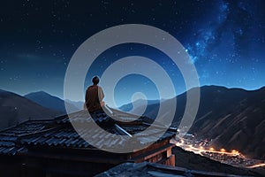 Buddhist monk sits on temple roof and looks at starry sky at night, generative AI