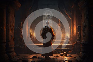 Buddhist monk stands inside old dark temple and worships holy site, generative AI