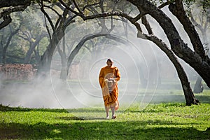 Buddhist monk walk receive food in the morning