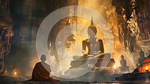 Buddhist monks engaging near serene Buddha statue in the cave. Generative Ai