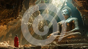 Buddhist monks engaging near serene Buddha statue in the cave. Generative Ai.