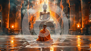 Buddhist monks engaging near serene Buddha statue. Generative