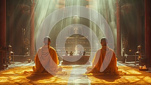 Buddhist monks engaging near serene Buddha statue. Generative Ai
