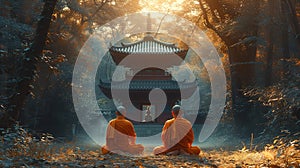 Buddhist monks engaging near serene Buddha statue. Generative Ai