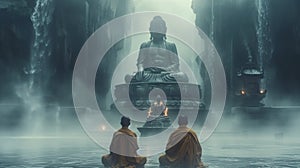 Buddhist monks engaging near serene Buddha statue. Generative Ai