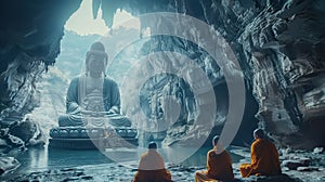 Buddhist monks engaging near serene Buddha statue. Generative Ai