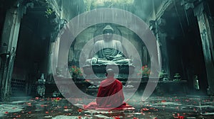 Buddhist monks engaging near serene Buddha statue. Generative Ai