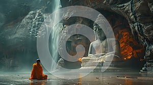 Buddhist monks engaging near serene Buddha statue. Generative Ai