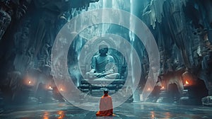 Buddhist monks engaging near serene Buddha statue. Generative Ai