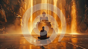 Buddhist monks engaging near serene Buddha statue. Generative Ai