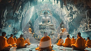 Buddhist monks engaging near serene Buddha statue. Generative Ai