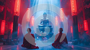 Buddhist monks engaging near serene Buddha statue. Generative Ai