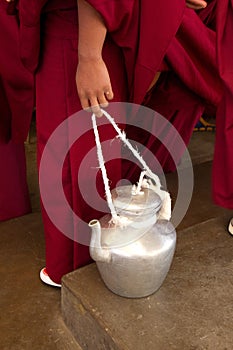Buddhist monks and refreshments, Dalai Lama temple, McLeod Ganj, India