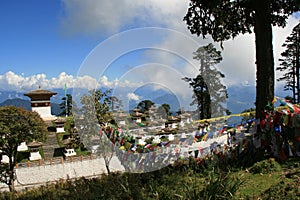 buddhist monument (druk wangyal chortens) at dochula pass between thimphu and gangtey (bhutan)