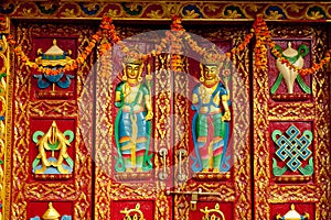 Buddhist ornament colorful door in Monastery near stupa Boudhanath