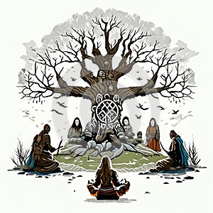 Buddhist people and a big tree on the hill. Vector illustration. Generative AI