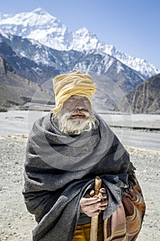 Buddhist pilgrim in Himalaya mountains