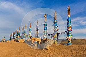 Buddhist pillars in the sacred place of worship near Cape, Baikal