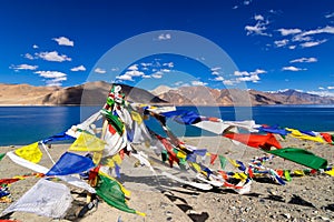 Buddhist prayer flags flying at Pangong Lake, Ladakh, India