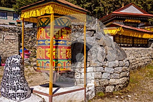 Buddhist prayer wheel with mantra in Nepal