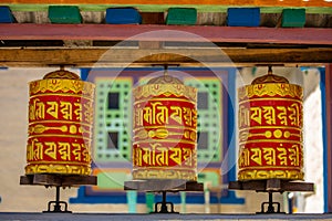 Buddhist prayer wheel with mantra in Nepal