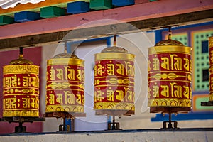 Buddhist prayer wheel with mantra in Nepal