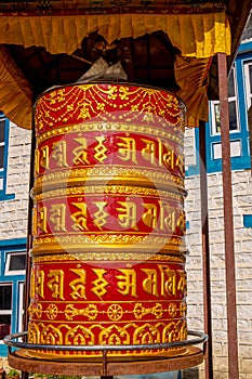 Buddhist prayer wheel with mantra in Nepal