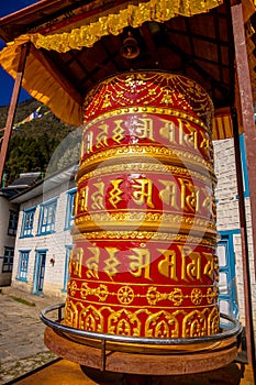 Buddhist prayer wheel with mantra in Nepal