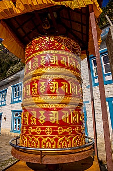 Buddhist prayer wheel with mantra in Nepal