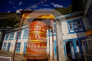 Buddhist prayer wheel with mantra in Nepal