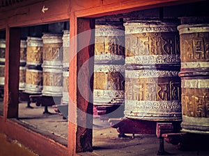 Buddhist prayer wheels in Hemis monstery. Ladakh, India