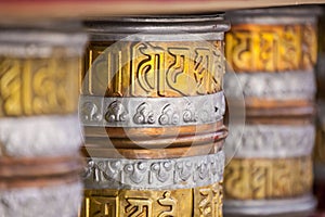 Buddhist prayer wheels in Leh, India.