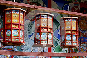 Buddhist prayer wheels in the Temple of the Jade Peak, Baisha village, Lijiang, Yunnan, China