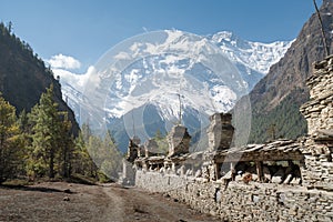 Buddhist praying wall in Landscape in Annapurna circuit