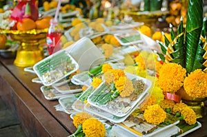 Buddhist religious offerings, Marigold, in thailand temple